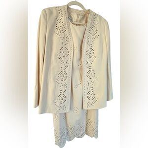 Jaeger Linen Eyelet Dress & Jacket Set Cream Wedding Occasion MOB